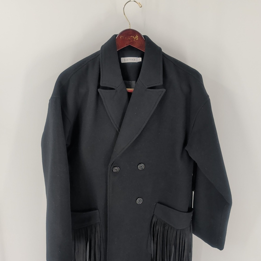 Vintage Justfab Longline Faux Wool Fringe Button Front Pea Coat Black Size S